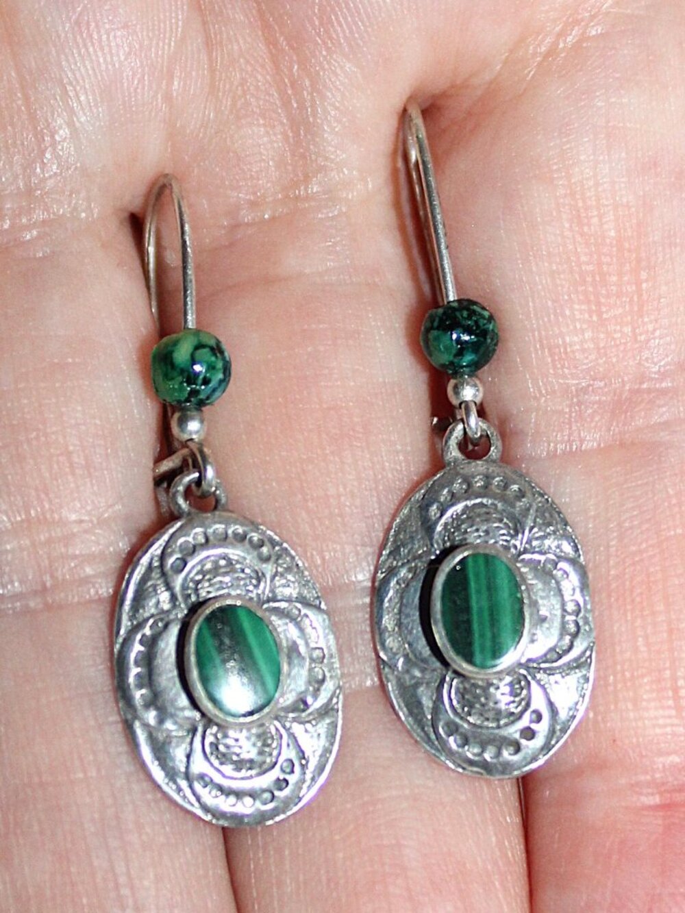 Vintage Southwestern Sterling Silver Malachite Earrings - Picture 4 of 4